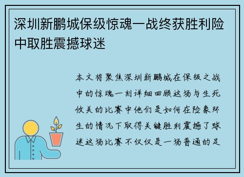 深圳新鹏城保级惊魂一战终获胜利险中取胜震撼球迷
